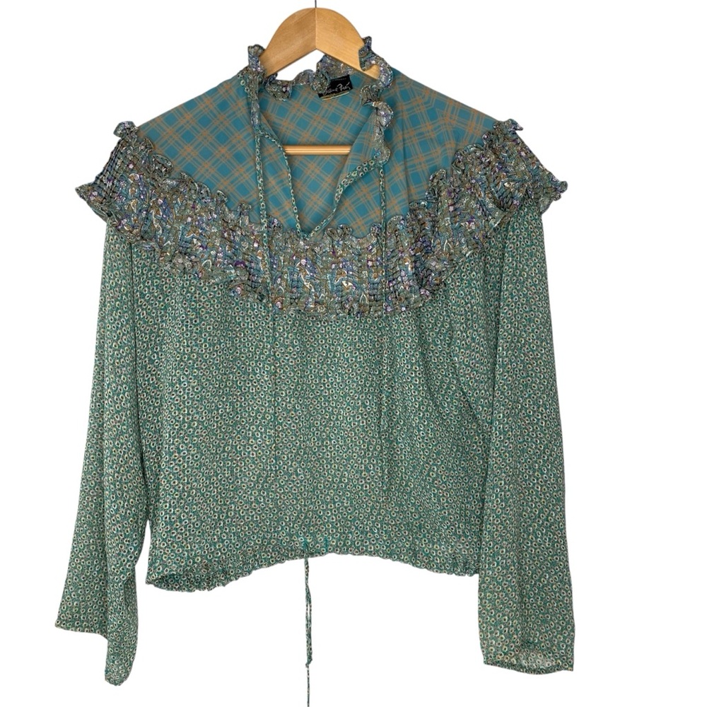 Diane Freis Georgette Ruffle Blouse drawstring Hemline Size Large check‎ measure